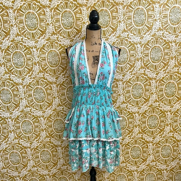 NWT Gipsy Queen Baroc Paris Floral Ruffle Tiered Halter Mini Dress Turquoise M - Picture 5 of 14